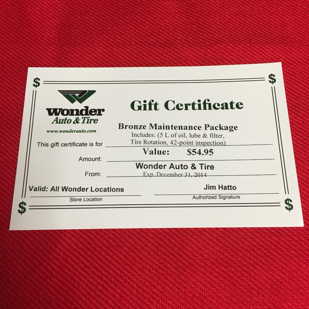 Wonder Auto Tire Gift Certificate up for bids at Big Bike Auction #2